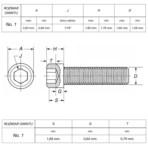 Śruba No"1 UNC(64)x5/16"(8mm) ANSI B18.3(DIN 912) ASTM A574 (~Kl.12,9)