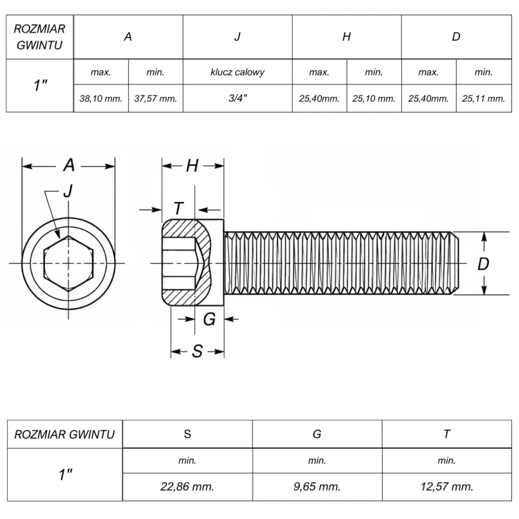 Śruba 1" UNS(14)x3,1/4"(82mm) ANSI B18.3(DIN 912) ASTM A574 (~Kl.12,9)