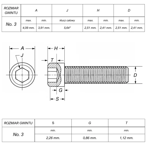 Śruba No"3 UNC(48)x5/16"(8mm) ANSI B18.3(DIN 912) ASTM A574 (~Kl.12,9)