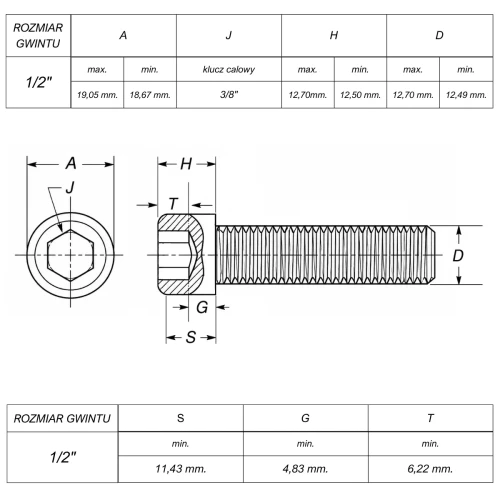 Śruba 1/2" UNC(13) ANSI B18.3(DIN 912) ASTM A574 (~Kl.12,9) rysunek techniczny wymiary