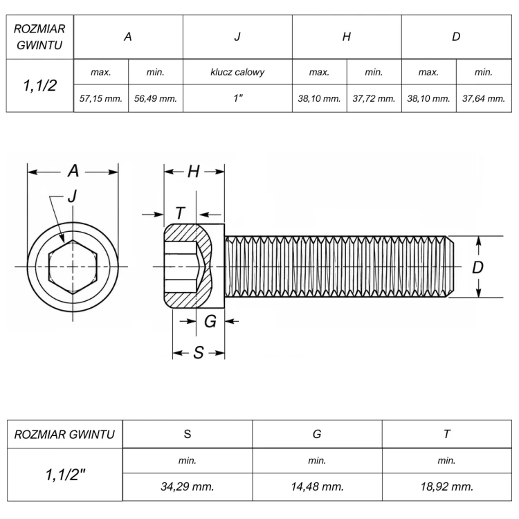 Śruba 1-1/2" UNC(6) ANSI B18.3(DIN 912) ASTM A574 (~Kl.12,9) rysunek techniczny