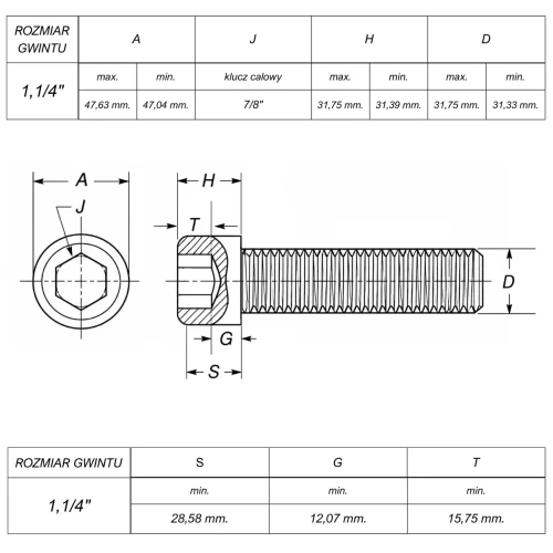 Śruba 1-1/4" UNC(7) ANSI B18.3(DIN 912) ASTM A574 (~Kl.12,9) rysunek techniczny