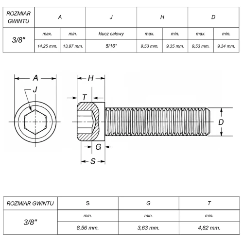 Śruba 3/8" UNC(16) ANSI B18.3(DIN 912) ASTM A574 (~Kl.12,9) RYSUNEK TECHNICZNY