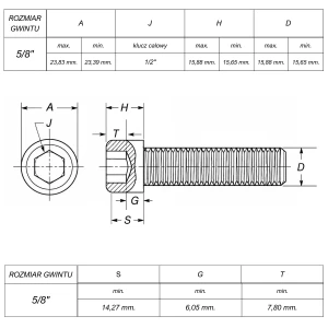 Śruba 5/8" UNC(11)x1,3/4"(44mm) ANSI B18.3(DIN 912) ASTM A574 (~Kl.12,9) Zn