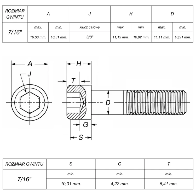 Śruba 7/16" UNC(14) ANSI B18.3(DIN 912) ASTM A574 (~Kl.12,9) RYSUNEK TECHNICZNY