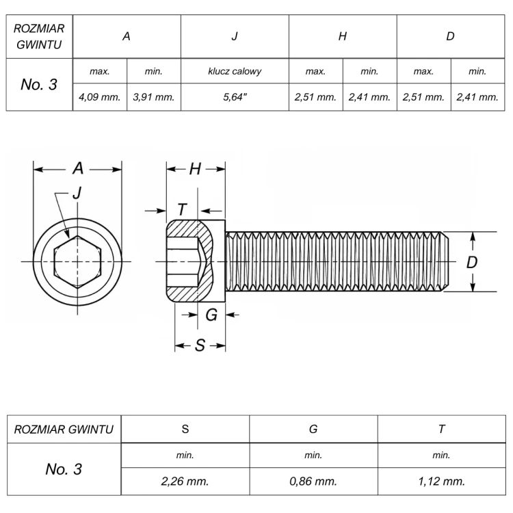 Śruba No"3 UNC(48) ANSI B18.3 (DIN 912) nierdzewna 18-8 (A2) RYSUNEK TECHNICZNY
