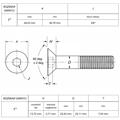 Śruba 1" UNC(8)x5"(127mm) ANSI B18.3 (DIN 7991) ASTM F835 (Kl.10,9/12,9)