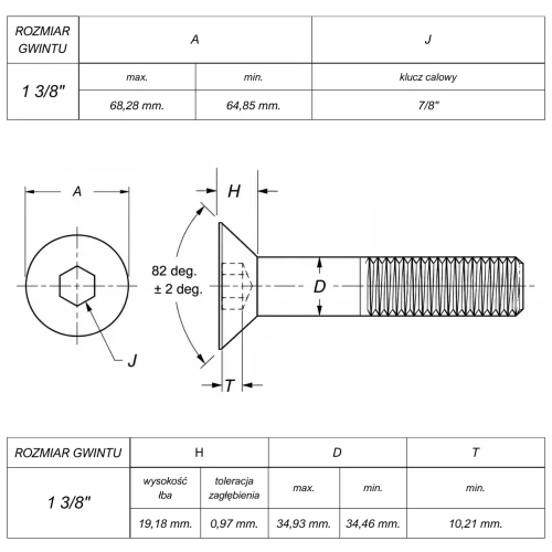 Śruba 3/8" UNC(16) ANSI B18.3 (DIN 7991) ASTM F835 (Kl.10,9/12,9) rysunek techniczny